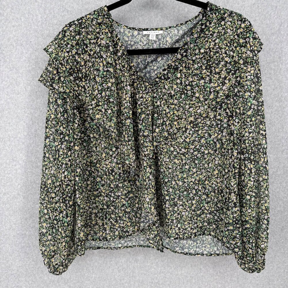 Top Shop Womens Dark Floral Ruffle Layer Top Blouse 10 Green Black Sheer Office